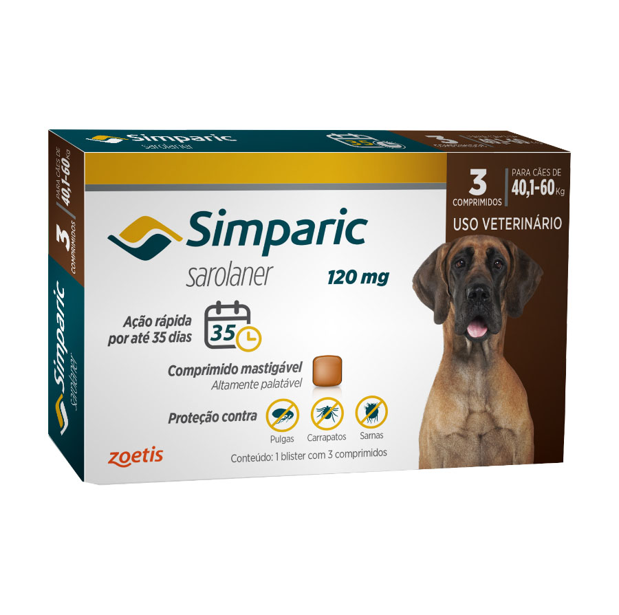 Antipulgas e Carrapatos Simparic 120 mg/40,1 a 60 Kg com 3 comprimidos - Zoetis