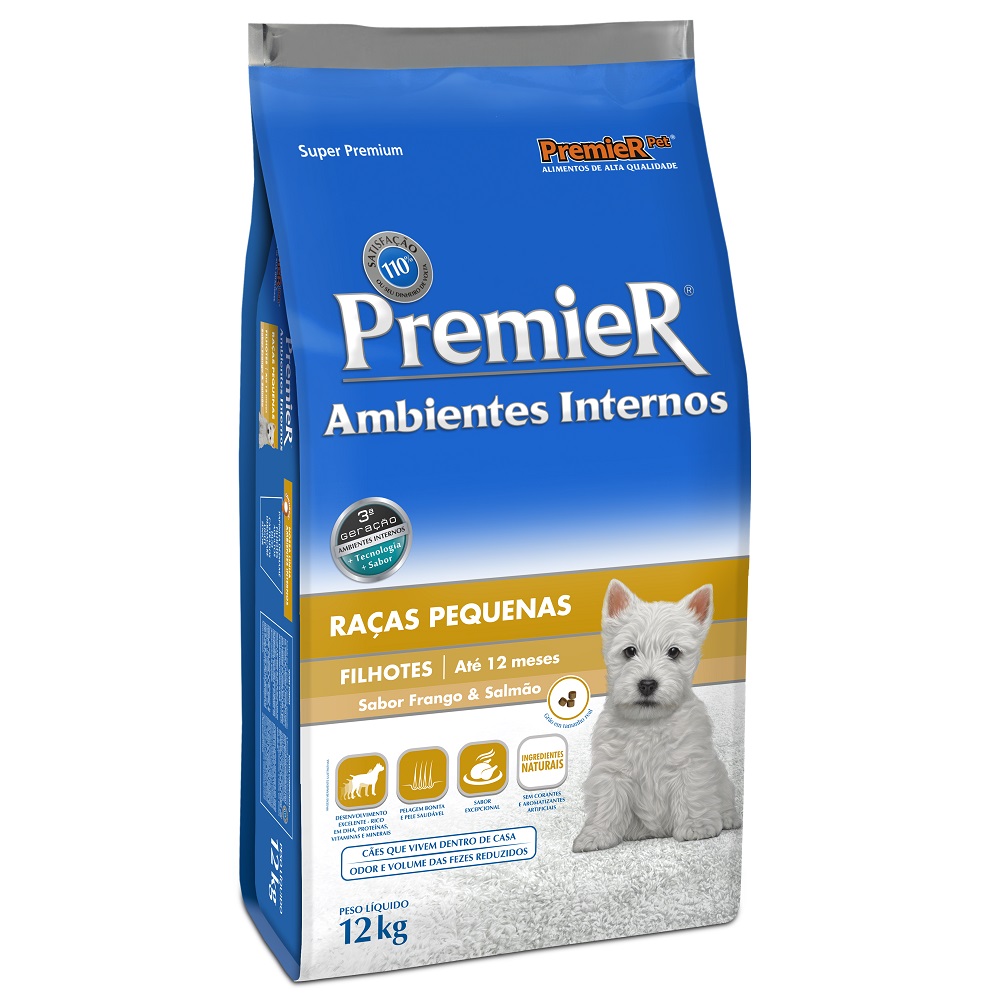 Ração Premier Ambientes Internos para Cães Filhotes Raças Pequenas Sabor Frango e Salmão - 12 Kg