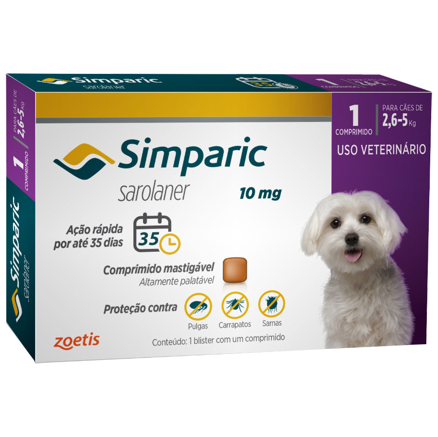 Antipulgas e Carrapatos Simparic 10 mg/2,6 a 5 Kg com 1 comprimido - Zoetis