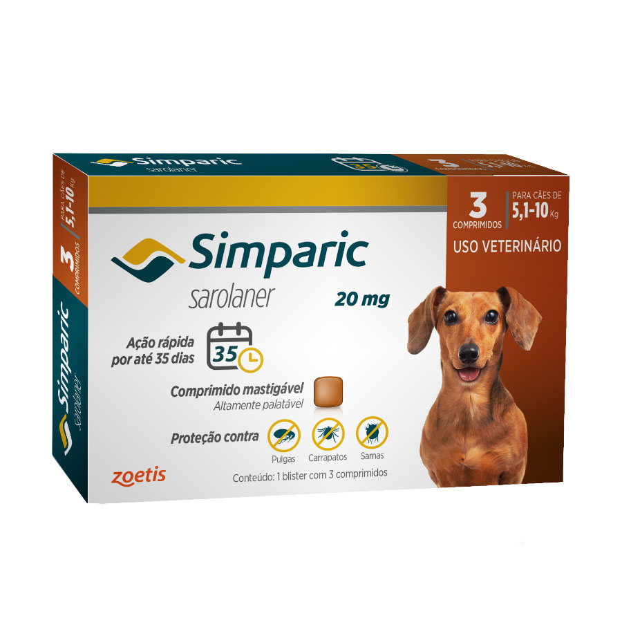 Antipulgas e Carrapatos Simparic 20 mg/5,1 a 10 Kg com 3 comprimidos - Zoetis