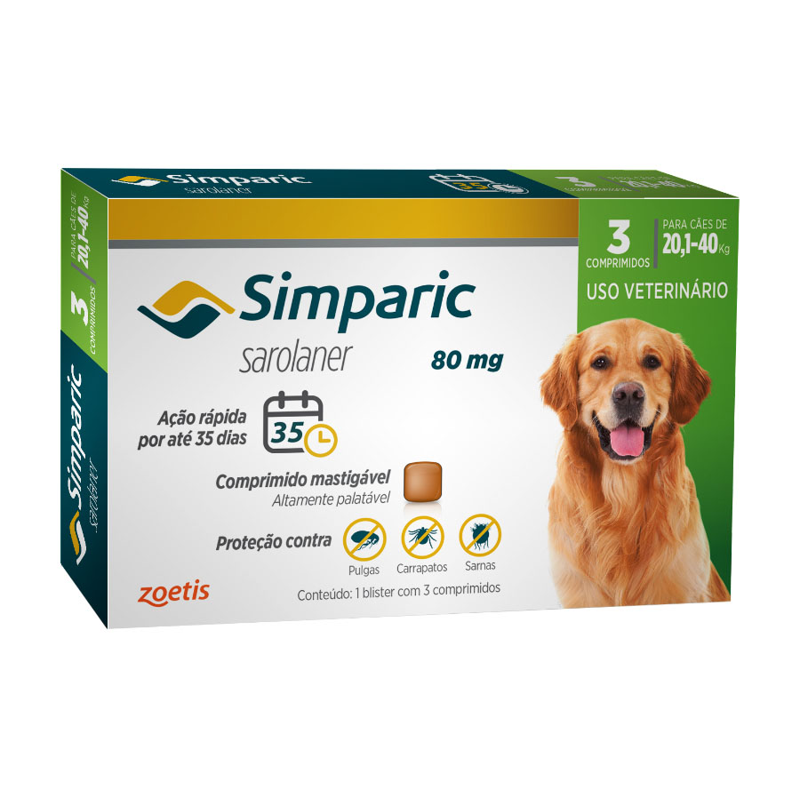 Antipulgas e Carrapatos Simparic 80 mg/20,1 a 40 Kg com 3 comprimidos - Zoetis