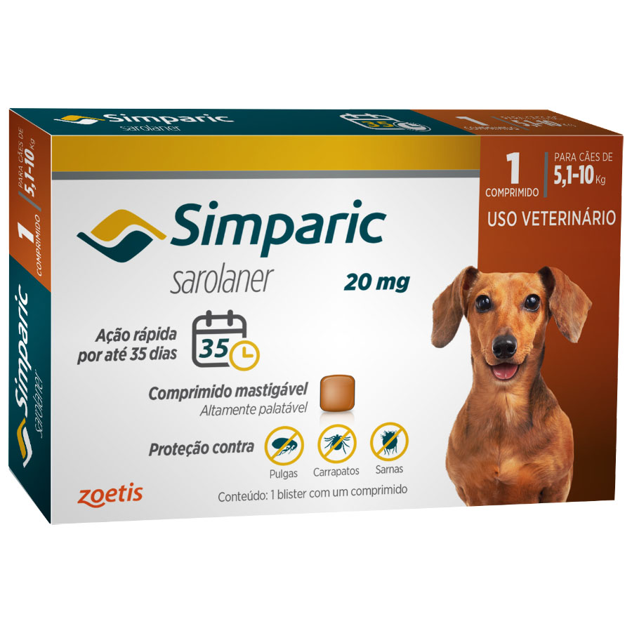 Antipulgas e Carrapatos Simparic 20 mg/5,1 a 10 Kg com 1 comprimido - Zoetis