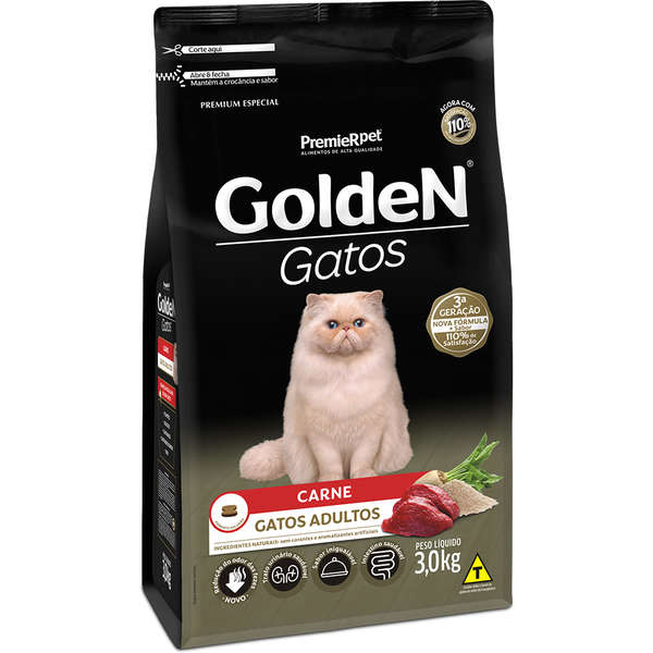 Ração Golden Gatos Adultos Sabor Carne 3Kg