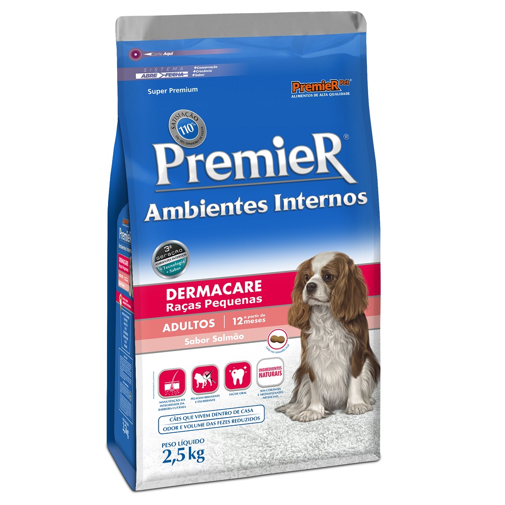 Ração Premier Ambientes Internos Dermacare para Cães Adultos de Raças Pequenas Sabor Salmão - 2,5 Kg