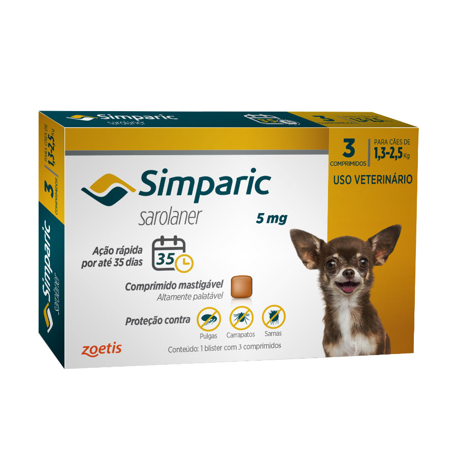 Antipulgas e Carrapatos Simparic 5 mg/1,3 a 2,5 Kg com 3 comprimidos - Zoetis
